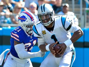 Bills’ Jordan Poyer sacks Panthers QB Cam Newton in Week 2. The Panthers play host to the Saints on Sunday. (Getty Images)