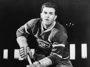 Montreal Canadiens' #9 Maurice "Rocket" Richard (1921 - 2000) of the Montreal Canadiens skates toward the camera with the puck, during a late 1940s photo shoot. (Photo by Pictorial Parade/Getty Images)