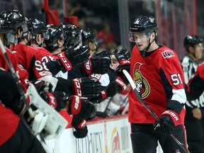 Ottawa Senators' Logan Brown (51) celebrates his goal against the Montreal Canadiens with teammates during first period NHL pre-season hockey in Ottawa, Saturday, September 23, 2017. (THE CANADIAN PRESS/Fred Chartrand)