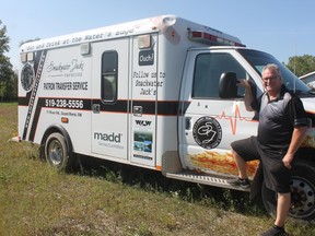 Brad Oke, owner of Smackwater Jack?s Taphouse in Grand Bend, won a tourism innovation award for converting an old ambulance into a highly popular shuttle service for customers who like to drink. (Lynda Hillman-Rapley/Postmedia News)