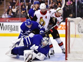 Maple Leafs goalie Frederik Andersen makes a save against the Senators. Andersen is healthy this camp and looking good. (The Canadian Press)