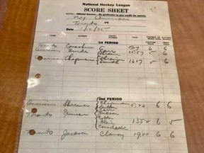 The official score sheet from a Jan. 10, 1935 NHL game between the Toronto Maple Leafs and New York Americans. In the second period, four players were awarded an assist on a Toronto goal. (John Matisz/Postmedia Network)