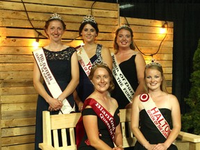 Left to right top row: First Runner Up is Caleigh Van Kampen of Peel Dufferin, finalists, Olivia Bolender of York County and Josie Linton of Durham County. Bottom row-Second Runner up is Andrea Chesney of Blanford-Blenheim and the newly crowned 2017-2018 Queen of the Furrow, Kailey Donaldson from Halton County. (Shaun Gregory/Huron Expositor)