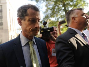 Former congressman Anthony Weiner arrives at a New York courthouse for his sentencing in a sexting case on September 25, 2017 in New York City. As part of his plea deal, Weiner, who is separated from wife Huma Abedin, has agreed not to appeal the prosecutors' recommendation of 21 to 27 months in jail. (Photo by Spencer Platt/Getty Images)