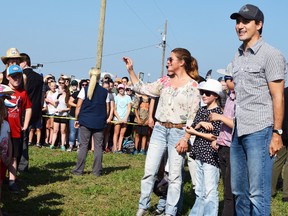 Prime Minister Justin Trudeau, wife Sophie Gregoire Trudeau and children Ella-Grace, Hadrien and Xavier greet Grade 1 and 2 students from St. James Catholic Elementary school in Seaforth last Friday, Sept. 22. The students wrote a letter to the Prime Minister inviting him to attend this year's International Plowing Match & Rural Expo in Walton. JENNIFER BIEMAN/POSTMEDIA NEWS