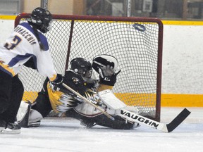 Despite the best effort of Mitchell U16AA goaltender Rachel Van Bakel, Whitby’s Hailey Cornacchia (3) flips the ring high into the net while on a power play during first half action last Saturday, Sept. 23. Mitchell rebounded to take a 3-1 halftime lead but couldn’t hold it in a 3-3 draw. ANDY BADER/MITCHELL ADVOCATE