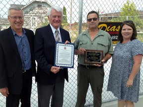 Thanks to a bequeathed donation from Jean Carscallen, the Wallaceburg Animal Shelter has been able to undertake a number of renovations. A ceremony was held to make note of the renovations and to unveil a plaque in Carscallen's memory. On hand were Coun. Jeff Wesley (left), Carscallen family friend John Mathany, Wallaceburg Animal Shelter's Larry Benoit and Chatham-Kent clerk Judy Smith.