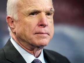In this July 27, 2017, file photo, Sen. John McCain, R-Ariz., speaks to reporters on Capitol Hill in Washington. (AP Photo/Cliff Owen, File)