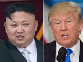 This combo of file photos shows an image (left) taken on April 15, 2017 of North Korean leader Kim Jong-Un following a military parade in Pyongyang; and an image taken on July 19, 2017 of President Donald Trump speaking in Washington.