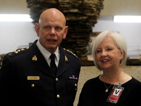 Assistant Commissioner Scott Kolody, Commanding Officer, Manitoba RCMP (left), and Joy Smith, Founder and President of the Joy Smith Foundation, at a press conference on the Manitoba launch of Human Trafficking: Canada's Secret Shame at RCMP D Division Headquarters in Winnipeg on Monday, Sept. 25, 2017. Breanne Nemez/Joy Smith Foundation