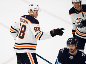 Edmonton Oilers Jesse Puljujarvi (98) celebrates his  goal against the Winnipeg Jets during third period NHL preseason action on Saturday September 23, 2017 in Edmonton.   Greg  Southam / Postmedia