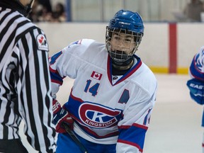Aiden Johnson is seen in action with the Kingston Canadians bantam AA team two seasons ago. Johnson scored four consecutive goals and added two assists to lead the Gananoque Islanders to a 10-3 win over the Campbellford Rebels in a Provincial Junior Hockey League game Sunday night. (Tim Gordanier/The Whig-Standard)