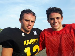 Quarterback Nigel LeGood, right, connected with his brother Grant, a slotback, for two touchdown passes as the La Salle Black Knights opened the Kingston Area Secondary Schools Athletic Association senior football season with a 35-6 win over the Kingston Blues on Friday. (Doug Graham/The Whig-Standard)