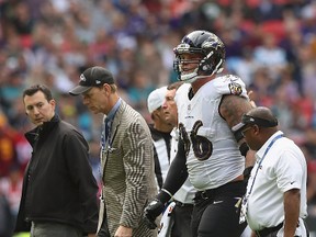 Brent Urban of the Baltimore Ravens is helped off the field after an injury during the NFL International Series match between Baltimore Ravens and Jacksonville Jaguars at Wembley Stadium on Sept. 24, 2017. (Matthew Lewis/Getty Images)