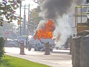 Stolen truck involved in chase burning. ERIC B. BAYLEY