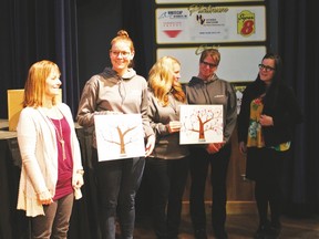 Representatives from Aim for Success presents two pictures to 100 Women Who Care on September 18. The tree contains thumbprint leaves respresenting students from various Aim for Success programs.