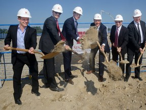 The official sod turning for the Fox Hollow Retirement Residence being developed by All Seniors Care Living Centres Limited in London, Ontario on Tuesday September 26, 2017. From left, Ben Sommerville, Julius Kuhl, Joshua Kuhl, vice-president, London Mayor Matt Brown, George Kuhl, CEO, and Michael Fraser, CFO. (MORRIS LAMONT/THE LONDON FREE PRESS)