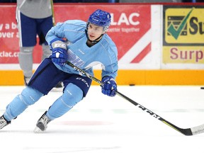 Newly acquired Sudbury Wolves player Troy Lajeunesse runs through a drill during team practice in Sudbury, Ont. on Tuesday, September 26, 2017. The Wolves head to North Bay on Wednesday to take on the North Bay Battalion. Gino Donato/Sudbury Star/Postmedia Network