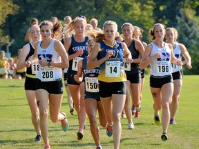 Jenny Bottomley  (#14)of Laurentian University leads the pack at the Bill Salter Western International at the Thames Valley Golf Club in London. She was running in the 6-km race. Mark Dewan/For The Sudbury Star