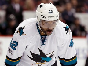 In this Feb. 18, 2017, file photo, San Jose Sharks right wing Joel Ward lines up against the Arizona Coyotes during the third period of an NHL hockey game in Glendale, Ariz. (AP Photo/Chris Carlson, File)