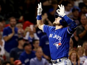 Josh Donaldson of the Toronto Blue Jays celebrates after hitting a home run against the Boston Red Sox during the third inning at Fenway Park on Sept. 26, 2017. (Maddie Meyer/Getty Images)