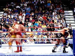 Participants battle in the inaugural Royal Rumble, which took place on Jan. 24, 1988, in Hamilton. The first Rumble match was a 20-man bout that aired on USA Network, not pay-per-view. "Hacksaw" Jim Duggan, who drew No. 13, won the inaugural Rumble Match by eliminating One Man Gang. (Credit World Wrestling Entertainment)