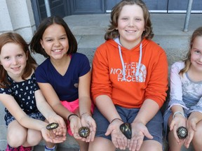 BRUCE BELL/THE INTELLIGENCER
Students at St. Michael’s Catholic School placed approximately 700 rocks along the edge of the flower beds in recognition of Childhood Cancer Awareness Month and schoolmate Marlow Ploughman who was diagnosed with Stage 4 Rhabdomyosarcoma cancer in 2011. Pictured with rocks placed in the garden are (from left) Kailin Hearn, Katia Beatson, Casey Kohlsmith and Morgan Currie.