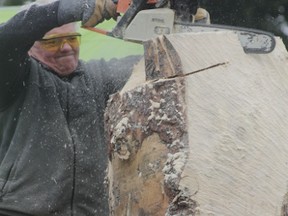 Viktor Kacperski carves into a block of wood with a chainsaw in a display at the Blue Ridge Logging Days on Sept. 23 (Joseph Quigley | Whitecourt Star).