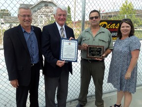 Thanks to a bequeathed donation from Shirley Carcallen, the Wallaceburg Animal Shelter was able to undertake a number of renovations. A ceremony was held recently to make note of the renovations, and unveil a plaque in Carscallen's memory at the shelter. On hand were, from left, Chatham-Kent councillor Jeff Wesley, Carscallen family friend John Mathany, Wallaceburg Animal Shelter's Larry Benoit and Chatham-Kent clerk Judy Smith.