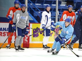 Newly acquired Sudbury Wolves player Troy Lajeunesse runs through a drill during team practice in Sudbury, Ont. on Tuesday, September 26, 2017. The Wolves head to North Bay on Wednesday to take on the North Bay Battalion. Gino Donato/Sudbury Star/Postmedia Network