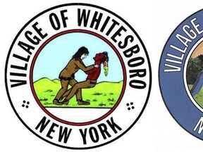 This photo shows the old seal, left, and the new rendering of the seal of the village of Whitesboro, N.Y. (Village of Whitesboro, N.Y. via AP)