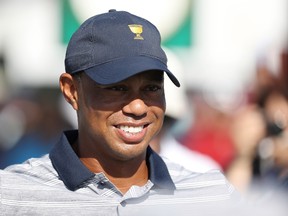 Captain's assistant Tiger Woods of the U.S. Team looks on during practice rounds prior to the Presidents Cup at Liberty National Golf Club on Sept. 27, 2017. (Rob Carr/Getty Images)