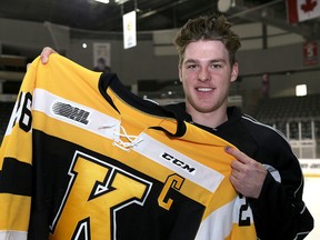 Ted Nichol of the Kingston Frontenacs with his captain's jersey at practice at the Rogers K-Rock Centre in Kingston on Wednesday Sept. 27 2017. Ian MacAlpine /The Whig-Standard/Postmedia Network