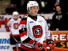 Ottawa 67's player Kody Clark takes part in OHL action against the Oshawa Generals on March 10, 2017 at the Tribute Communities Centre in Oshawa. (THE CANADIAN PRESS/Dhiren Mahiban)