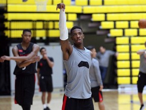 Toronto Raptors guard Delon Wright follows through his shot during training camp at the University of Victoria in Victoria, B.C., on Sept. 26, 2017. (THE CANADIAN PRESS/Chad Hipolito)