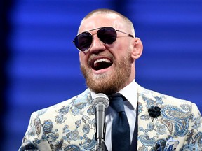 Conor McGregor speaks to the media after losing to Floyd Mayweather Jr. by 10th round TKO in their super welterweight boxing match on Aug. 26, 2017 at T-Mobile Arena in Las Vegas, Nevada. (Ethan Miller/Getty Images)