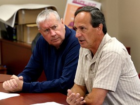 Michael Hurley, left, president of the Ontario Council of Hospital Unions, and Dave Shelefontiuk, president of CUPE Local 1623, give an update on contract talks with the Ontario Hospital Association in Sudbury, Ont. on Wednesday September 27, 2017. A press release issued by the OCHU said the talks broke off on Sept. 21 after the hospital association "refused to budge on even the most simple items around workplace violence." The OCHU/CUPE, which represent registered practical nurses, cleaners, dietary, administrative and trades staff, are looking for a safer working environment for hospital staff and a safer place for patients. John Lappa/Sudbury Star/Postmedia Network