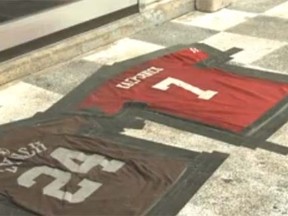 A Missouri bar owner is defending his use of Colin Kaepernick and Marshawn Lynch’s NFL jerseys as doormats outside his building’s front door after someone posted on the bar’s Facebook page that the arrangement of the names could be construed as a message calling for violence against Kaepernick. (KOMU-TV screen grab)