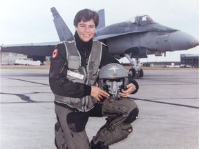 Dee Brasseur in front of her CF-18 fighter jet. Brasseur was among the first three women in Canada to earn her military wings. COURTESY OF DEE BRASSEUR.