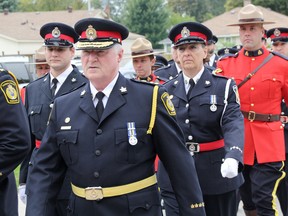 Sarnia Police Chief Phil Nelson has announced his retirement, effective June 1, 2018. He’s shown here in 2011, leading officers from Sarnia, the RCMP, OPP and Canada Border Services Agency into Redeemer Lutheran Church for a Police and Peace Officers’ Memorial Service. (File photo)