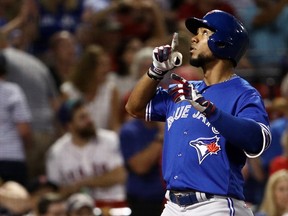 Teoscar Hernandez of the Toronto Blue Jays celebrates after hitting a home run against the Boston Red Sox during MLB action at Fenway Park on Sept. 26, 2017. (Maddie Meyer/Getty Images)