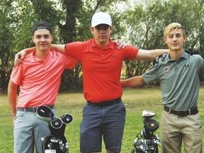 From left, the County Central High School senior boys’ golf team: Jan Lourens, Kinley Helland and Brenton Nygaard. Stephen Tipper Vulcan Advocate