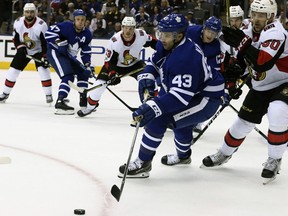 Toronto Maple Leafs centre Nazem Kadri controls the puck against the Ottawa Senators during NHL pre-season action in Toronto on Sept. 19, 2017. (Veronica Henri/Toronto Sun/Postmedia Network)
