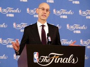 In this June 1, 2017, file photo, NBA Commissioner Adam Silver speaks at a news conference before Game 1 of basketball's NBA Finals between the Golden State Warriors and the Cleveland Cavaliers in Oakland, Calif. (AP Photo/Jeff Chiu, File)