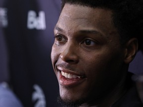 Raptors guard Kyle Lowry reacts to a question during a media scrum following training camp at the University of Victoria in Victoria, B.C., on Sept. 26, 2017. (THE CANADIAN PRESS/Chad Hipolito)