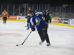 Forward Rob Thomas fires a shot during his first practice back with the London Knights on Thursday at Budweiser Gardens.  (DEREK RUTTAN, The London Free Press)