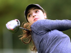 Isabella Portokalis, 16, of Oakridge, tees off on a par 4 at the boys WOSSAA golf finals at St. Thomas Golf and Country Club on Thursday September 28, 2017. (MIKE HENSEN, The London Free Press)