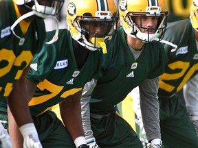 The Eskimos have brought back veteran defensive back Aaron Grymes (no number on jersey) pictured here during practice at Commonwealth Stadium in Edmonton, September 25, 2017.