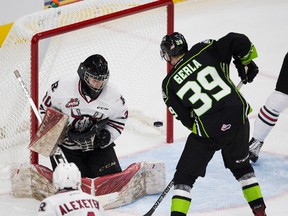 Edmonton Oil Kings Ty Gerla scores on Red Deer Rebels Lasse Petersen during fisecond  period WHL action on Sunday September 24, 2017 in Edmonton.