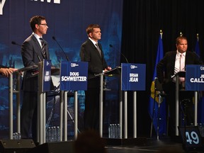 The second official debate of the United Conservative Party (UCP) Leadership Debate, from left Jason Kenney, Doug Schweitzer, Brian Jean and Jeff Callaway, at the Expo Centre in Edmonton, September 28, 2017. Ed Kaiser/Postmedia
